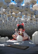 1girl absurdres ascot bow brown_eyes brown_hair calligraphy_brush detached_sleeves frilled_bow frilled_hair_tubes frills hair_bow hair_tubes hakurei_reimu highres holding holding_calligraphy_brush holding_paintbrush koukouya lantern nontraditional_miko ofuda open_mouth paintbrush paper_lantern red_bow red_skirt ribbon ribbon-trimmed_sleeves ribbon_trim shirt short_hair sitting skirt skirt_set solo touhou yellow_ascot yin_yang rating:g score:13 post #10157149