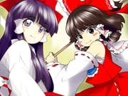 2girls bare_shoulders blunt_bangs blush_stickers brown_eyes brown_hair detached_sleeves dual_persona edwardmidori hakurei_reimu hakurei_reimu_(pc-98) japanese_clothes miko multiple_girls purple_eyes purple_hair red_ribbon red_skirt red_vest ribbon skirt smile touhou touhou_(pc-98) vest zun_(style) rating:g score:14 post #10084324