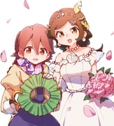2girls :3 :d absurdres apocalypse_hotel bandana bandana_around_neck bare_shoulders bouquet brown_eyes brown_hair commentary dress falling_petals hair_between_eyes hair_ornament highres holding_headgear jewelry leaf_hair_ornament long_hair long_sleeves multiple_girls necklace nyaa_(nnekoron) pearl_necklace petals ponko_procione puffy_long_sleeves puffy_sleeves purple_bandana robot shampoo_hat smile unworn_headwear wedding_dress white_dress yachiyo_(apocalypse_hotel) rating:s score:4 post #9433885
