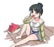 1girl absurdres barefoot black_hair blue_skirt blush breasts camisole cardigan cleavage collarbone commentary deformed eating food fruit green_cardigan green_eyes hair_bun highres holding holding_food holding_popsicle hot knee_up link!_like!_love_live! lone_nape_hair long_sleeves love_live! medium_breasts midriff_peek miniskirt momose_ginko momose_ginko_(sleepover_at_ginko's) on_floor open_mouth pleated_skirt popsicle see-through_cardigan see-through_clothes sen_yousoro short_hair sidelocks simple_background single_hair_bun sitting skirt solo sweat toes very_sweaty virtual_youtuber watermelon watermelon_bar watermelon_slice white_background rating:s score:0 post #10173490