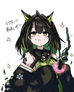1girl ahoge arknights bare_shoulders black_hair black_jacket chewing closed_mouth colored_inner_hair commentary donut eating food food_on_face green_eyes green_hair green_shirt highres holding holding_donut holding_food huge_ahoge jacket material_growth medium_hair mon3tr_(arknights) multicolored_hair nero_san1177 off_shoulder oripathy_lesion_(arknights) shirt simple_background sleeveless sleeveless_shirt sleeves_past_fingers sleeves_past_wrists solo sparkle star_of_life translation_request upper_body white_background rating:g score:15 post #10172016