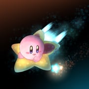 :d blue_eyes blush_stickers commentary full_body gradient_background happy highres kirby kirby_(series) konna-nani looking_to_the_side no_humans open_mouth riding smile solo space star_(symbol) star_in_eye symbol-only_commentary symbol_in_eye warp_star rating:g score:4 post #10175346