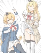 2girls akara_kai black_hairband black_thighhighs blonde_hair blue_capelet blue_overskirt bow bow_panties braid breasts capelet closed_eyes clothes_lift crown cup dress dress_lift earrings flower hair_between_eyes hairband half_up_braid jewelry kantai_collection long_hair long_sleeves looking_at_viewer low-tied_long_hair mini_crown multiple_girls necklace off-shoulder_dress off_shoulder open_mouth panties plate red_flower red_rose ribbon rose simple_background smile solo teacup thighhighs underwear valiant_(kancolle) warspite_(kancolle) white_dress white_thighhighs rating:s score:9 post #10128479