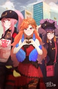 3girls adversarial_noise black_hat blurry blurry_background building commentary earrings english_commentary feather_earrings feathers glasses hat heart heart_hands high_ponytail highres hololive hololive_english holomyth jacket jewelry long_hair looking_at_viewer mole mole_under_eye mori_calliope mori_calliope_(streetwear) multicolored_hair multiple_girls ninomae_ina'nis ninomae_ina'nis_(casual) open_clothes open_jacket orange_hair pin pink_eyes pink_hair pocket_watch polearm ponytail purple_hair red_eyes skull_print smile takanashi_kiara takanashi_kiara_(party_dress) takodachi_(ninomae_ina'nis) takomonty teeth trident virtual_youtuber watch weapon rating:g score:15 post #9948433