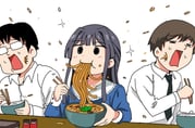 1girl 2boys black_hair black_necktie brown_hair chopsticks collared_shirt curry_udon eating food glasses hair_intakes highres holding holding_chopsticks idolmaster idolmaster_million_live! kyousaru long_hair long_sleeves messy_eater mogami_shizuka multiple_boys necktie noodles opaque_glasses open_mouth shirt simple_background slurping soup sparkle udon water_drop white_background white_shirt rating:g score:4 post #10131081