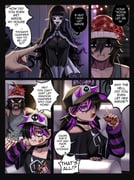 1boy 2girls absurdres angry bare_shoulders bite_mark bite_mark_on_neck black_choker black_eyes black_hair black_lips breasts choker cleavage colored_speech_bubble comic cookie couch eating english_text fangs food glasses gloves goth_fashion hair_ornament hair_over_one_eye hat highres horned_hat huge_breasts indoors lady_belladonna_(rageman709) long_eyelashes long_hair long_pointy_ears long_sleeves mole mole_under_mouth multicolored_hair multicolored_nails multiple_girls on_couch original pale_skin pointy_ears purple_eyes purple_hair rageman709 red_eyes santa_hat slit_pupils speech_bubble spider_web_pattern tentacles thought_bubble twintails two-tone_hair vampire vertical-striped_sleeves white_gloves rating:s score:1 post #10171877