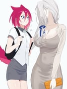 2girls absurdres animal_ears b_zebuk backpack bag blue_eyes bra_visible_through_clothes breasts cleavage closed_mouth collared_shirt dress embarrassed ensemble_stars! genderswap genderswap_(mtf) grey_dress grey_hair grey_skirt hair_between_eyes hair_over_shoulder hair_ribbon handbag highres holding holding_bag large_breasts long_hair long_sleeves multiple_girls pencil_dress pencil_skirt pout ran_nagisa red_hair ribbon saegusa_ibara shirt short_hair short_sleeves simple_background skirt tail thighs white_background white_shirt rating:s score:7 post #10155699
