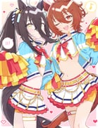 2girls agnes_tachyon_(umamusume) ahoge alternate_hairstyle animal_ears belt black_hair blue_jacket brown_hair closed_mouth commentary_request cosplay crop_top hair_between_eyes heart highres holding holding_pom_poms horse_ears horse_girl horse_tail jacket layered_skirt long_sleeves looking_at_viewer manhattan_cafe_(umamusume) midriff multicolored_hair multiple_girls musical_note navel nice_nature_(run&win)_(umamusume) nice_nature_(umamusume) nice_nature_(umamusume)_(cosplay) nochatea one_eye_closed open_clothes open_jacket open_mouth pom_pom_(cheerleading) ponytail red_eyes shirt shorts skirt smile spoken_blush spoken_musical_note streaked_hair tail thigh_strap umamusume white_shirt white_skirt yellow_eyes yellow_shorts rating:s score:3 post #10176801