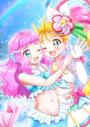 2girls blonde_hair blue_eyes blush crop_top cure_summer earrings fingerless_gloves flower gloves green_eyes hair_flower hair_ornament hand_on_another's_shoulder hand_on_another's_waist highres ichinose_minori jewelry laura_la_mer long_hair looking_at_another mermaid monster_girl multicolored_hair multiple_girls navel niwatori_(syamo_chamo) one_eye_closed open_mouth pink_hair pink_ribbon precure ribbon shirt skirt sleeveless sleeveless_shirt smile stomach string_of_pearls tropical-rouge!_precure very_long_hair white_gloves white_skirt wrist_ribbon rating:s score:2 post #10175218