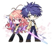 1boy 1girl antenna_hair belt black_belt black_thighhighs blazer blue_hair bow bowtie brown_jacket chaos;head chibi collared_shirt d-sword dress_shirt glowing glowing_sword glowing_weapon hair_bow highres holding holding_sword holding_weapon jacket lapels loose_necktie miniskirt nanami_pretty necktie nishijou_takumi notched_lapels one_side_up open_clothes open_collar open_jacket open_mouth pink_eyes pink_hair plaid_bow plaid_bowtie plaid_clothes plaid_necktie plaid_skirt pleated_skirt purple_bow purple_bowtie purple_skirt sakihata_rimi school_uniform science_adventure serious shirt skirt suimei_academy_school_uniform sword thighhighs weapon white_shirt yellow_eyes rating:g score:0 post #10114255