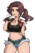 1girl black_gloves black_lagoon black_tank_top blue_shorts breasts brown_eyes brown_hair cigarette cleavage commentary commission cowboy_shot crop_top denim denim_shorts english_commentary fingerless_gloves gloves hand_on_own_chest hand_up highres large_breasts long_hair looking_at_viewer midriff mouth_hold navel oninuer parted_lips ponytail revy_(black_lagoon) short_shorts shorts sidelocks simple_background smoke smoke_trail smoking solo sweat tank_top white_background rating:s score:4 post #10175106