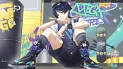 1boy aqua_necktie aqua_trim arm_on_knee beret bike_shorts black_hair black_hat black_shoes black_shorts blunt_ends closed_mouth coffee collared_shirt contemporary cross-laced_shoes cup disposable_cup drinking_straw drum_(container) eyeliner eyeshadow feet fingernails foot_focus genshin_impact graffiti grey_socks grey_sweater_vest hat highres iced_coffee kaeclle layered_shorts looking_at_viewer makeup male_focus necktie official_alternate_costume outdoors purple_eyes purple_trim red_eyeliner red_eyeshadow scaramouche_(genshin_impact) school_uniform shirt shoes short_sleeves shorts sitting skateboard smile sneakers socks solo sweater_vest tsurime wanderer_(genshin_impact) wanderer_(mega_mgc_coffee)_(genshin_impact) white_shirt white_sleeves white_trim white_wrist_cuffs wispy_bangs wrist_cuffs wristband rating:g score:4 post #10048536