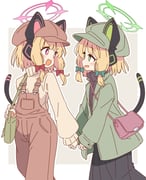 2girls :d absurdres animal_ear_headphones animal_ears bag black_skirt black_sweater blonde_hair blue_archive blush border bow bright_pupils brown_overalls brown_sweater cat_ear_headphones cat_ears commentary cowboy_shot eye_contact fake_animal_ears green_bow green_eyes green_halo green_jacket grey_background hair_bow halo headphones highres holding_hands jacket long_sleeves looking_at_another mechanical_tail midori_(blue_archive) momoi_(blue_archive) multiple_girls open_clothes open_jacket open_mouth outline outside_border overalls pink_eyes pink_halo pleated_skirt red_bow ribbed_sweater short_hair siblings sidelocks simple_background sisters skirt smile sweater tail turtleneck turtleneck_sweater twins v-shaped_eyebrows white_border white_outline white_pupils zungurimukkuri_tarou rating:g score:15 post #10173010