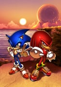 2boys arm_up commentary death_egg english_commentary english_text furry furry_male gloves green_eyes grin knuckles_the_echidna looking_at_viewer male_focus multiple_boys purple_eyes rainsy smile sonic_&_knuckles sonic_(series) sonic_the_hedgehog sonic_the_hedgehog_(classic) standing sun sunset v rating:g score:6 post #8919683