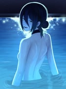 1girl black_choker black_hair breasts chainsaw_man choker green_eyes hair_between_eyes hair_bun highres looking_back mccheese night nude open_mouth outdoors partially_submerged reze_(chainsaw_man) small_breasts solo wet rating:q score:4 post #10176962