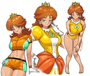1girl ball_gown blue_eyes breasts brooch brown_hair crop_top crown dress earrings flipped_hair flower_brooch flower_earrings gloves gold_crown highres jewelry long_hair looking_at_viewer mario_&_sonic_(series) mario_(series) mario_strikers_(series) medium_hair midriff multiple_views navel open_mouth orange_dress parted_bangs pointed_crown princess princess_daisy princess_daisy_(gymnastics) puffy_sleeves selvish94 short_sleeves simple_background smile sphere_earrings sportswear striker_daisy super_mario_strikers super_smash_bros. swimsuit thighs white_background white_gloves yellow_dress rating:s score:38 post #9508900