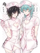 2boys akane047 animal_ears aqua_hair bandages black_hair blue_hair blush cat_ears cleavage_cutout clothing_cutout cross-laced_clothes crossdressing dramatical_murder dress eyepatch fake_animal_ears gloves hand_on_another's_waist hat highres holding holding_syringe lace looking_at_viewer male_focus medical_eyepatch multiple_boys nurse nurse_cap pink_gloves puffy_short_sleeves puffy_sleeves scar scar_on_leg scars_all_over seragaki_aoba short_hair short_sleeves slow_damage smile stitches syringe thighhighs towa_(slow_damage) white_thighhighs yellow_eyes rating:s score:0 post #10176625