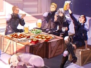 1girl 3boys armor beer_mug black_boots black_hair black_jacket blonde_hair bombyxmori_ckr boots chest_strap crate crossed_legs cup dark-skinned_male dark_skin dog final_fantasy final_fantasy_vii final_fantasy_vii_ever_crisis food glenn_lodbrok grey_hair grin highres holding holding_cup holding_food holding_pizza jacket knee_pads lucia_lin matt_winsord mug multiple_boys one_eye_closed parted_bangs pauldrons pizza pizza_box pizza_slice refu_(ff7ec) salad sephiroth sephiroth_(ever_crisis) short_hair shoulder_armor sitting smile teeth toasting_(gesture) turtleneck very_short_hair rating:g score:2 post #9270051