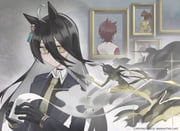 1girl absurdres agnes_tachyon_(umamusume) animal_print black_choker black_coat black_gloves black_shirt cat_print choker closed_mouth coat contrast_collar cup dantsu_flame_(umamusume) drakyu_dor ear_ornament ear_tag earrings gloves hair_between_eyes hands_up highres holding holding_cup inset jewelry jungle_pocket_(umamusume) long_hair long_hair_between_eyes long_sleeves manhattan_cafe_(creeping_black)_(umamusume) manhattan_cafe_(umamusume) mug photo_(object) picture_frame running shirt single_earring solo steam steaming_cup umamusume very_long_hair yellow_eyes rating:g score:4 post #10175006