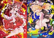 2girls absurdres apron ascot black_gloves blonde_hair bow braid broom broom_riding detached_sleeves dress frilled_bow frilled_hair_tubes frills gloves gohei hair_bow hair_tubes hakurei_reimu hat hat_bow highres holding holding_gohei holding_weapon kirisame_marisa large_bow mister_eru moon multiple_girls nontraditional_miko open_mouth red_bow red_eyes red_skirt ribbon ribbon-trimmed_sleeves ribbon_trim riding short_hair short_sleeves side_braid single_braid skirt skirt_set smile star_(symbol) touhou two-tone_background waist_apron weapon white_bow witch_hat yellow_ascot yellow_eyes rating:g score:2 post #10172775