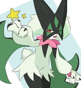 green_fur looking_at_viewer mask meowscarada one_eye_closed open_mouth pokemon pokemon_(creature) red_eyes solo star_(symbol) ylit_shalmon2 rating:g score:1 post #10176034