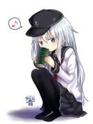 beamed_eighth_notes black_skirt blue_eyes cup drinking eighth_note flat_cap hat heart hibiki_(kancolle) highres kantai_collection long_hair music musical_note necktie pantyhose pleated_skirt quarter_note sailor_collar school_uniform skirt solo speech_bubble spoken_heart spoken_musical_note spoken_squiggle squatting squiggle u_yuz_xx white_background rating:g score:5 post #10166807
