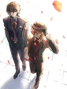 2boys adjusting_clothes adjusting_headwear bag black_gloves black_hair black_jacket blue_eyes brooch brown_hair brown_jacket brown_vest bungou_stray_dogs collared_shirt commentary crossed_bangs dazai_osamu_(bungou_stray_dogs) double-parted_bangs expressionless falling_petals fedora from_above full_body gloves hand_in_pocket hashtag-only_commentary hat highres holding holding_bag jacket jewelry looking_at_another looking_at_viewer male_focus multiple_boys nakahara_chuuya_(bungou_stray_dogs) neck_ribbon necktie petals red_necktie ribbon rintouru_2 shirt short_hair vest walking white_shirt yellow_eyes rating:g score:0 post #10166198