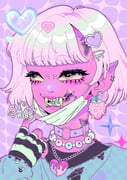 1girl artist_logo artist_name bandaid bandaid_on_finger bandaid_on_hand black_gloves black_shirt blue_shirt blue_tongue blunt_bangs blush bridge_piercing bruise bruise_on_face bruise_on_neck collar colored_blush colored_sclera colored_skin colored_tongue commentary ear_piercing earrings english_commentary eyeball_necklace face_piercing fangs fingerless_gloves food-themed_earrings ghoulkiss gloves gradient_sclera green_gloves green_hair green_mask green_shirt hair_ornament heart heart_hair_ornament heart_necklace highres injury jewelry logo long_sleeves makeup mask mask_pull monster_girl mouth_mask multicolored_hair multiple_necklaces necklace open_mouth original pastel_colors piercing pink_background pink_eyes pink_hair pink_skin pointy_ears purple_background purple_collar purple_sclera scene_fashion shirt short_hair smile solo sparkle stitched_face stitches strawberry_earrings striped_clothes striped_gloves surgical_mask teeth torn_clothes torn_shirt two-tone_hair yellow_sclera rating:g score:4 post #10156098