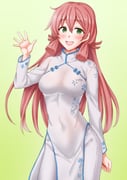 1girl akashi_(kancolle) anti_(untea9) ao_dai blunt_tresses breasts china_dress chinese_clothes commentary_request cowboy_shot dress gradient_background green_background green_eyes hair_ribbon highres kantai_collection long_hair pants pink_hair ribbon smile solo tress_ribbon waving white_dress white_pants rating:s score:7 post #10091844