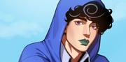 1boy afro black_hair blue_hoodie blue_sky collared_shirt curly_hair english_commentary gentleslowdance green_lips grey_shirt hood hood_up hoodie jojo_no_kimyou_na_bouken jojolion looking_at_viewer male_focus official_alternate_costume purple_eyes shirt sky solo tooru_(jojolion) rating:g score:0 post #10118284