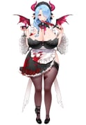 1girl absurdres animal_ears apron black_dress black_nails black_shoes blood blood_on_breasts blood_on_clothes blood_on_face blood_on_knife blue_hair braid breasts bright_pupils cleavage closed_mouth cow_ears cow_girl cow_horns cow_tail cream_cod cup dress drinking_glass frilled_apron frilled_dress frills hair_over_one_eye hair_over_shoulder hair_tubes highres holding holding_cup holding_knife horns huge_breasts indie_virtual_youtuber knife long_hair maid maid_headdress miilkywayz mole mole_on_breast mole_under_mouth official_alternate_eye_color official_art pink_eyes pink_horns shoes single_hair_tube smile solo tachi-e tail thighhighs transparent_background virtual_youtuber white_apron wings rating:s score:1 post #10175325