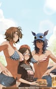 3girls absurdres ai-bon alcohol american_flag american_flag_print animal_ears baseball_cap beer beer_mug belly between_breasts bikini bikini_print blue_hair breast_envy breasts brown_hair burger commission crimean_tatar cup embroidery fez_hat flag_print food glasses hand_on_another's_shoulder hat height_difference highres holding holding_food horse_ears horse_girl horse_tail large_breasts looking_at_another looking_at_breasts messy_hair mug multicolored_hair multiple_girls navel original outdoors picnic pipkin_pippa shefika_(usergore) shorts sky streaked_hair sunglasses sunlight surrounded swimsuit tail translated ukrainian_text yellow_eyes yuri rating:s score:32 post #10071639