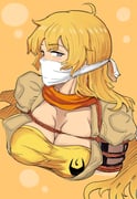 1girl absurdres arms_behind_back bdsm blonde_hair bondage bound bound_arms breasts cloth_gag gag gagged highres improvised_gag long_hair orange_scarf over_the_nose_gag purple_eyes red_rope restrained rope rwby scarf shibari shibari_over_clothes wei_suo_biao_shu yang_xiao_long rating:s score:15 post #10120320