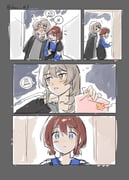 2girls black_jacket black_overalls blue_eyes blue_shirt blush brown_hair cho_k_(choco_tcl) closed_eyes comic commentary_request drunk gift girls_band_cry grey_eyes grey_hair grey_hoodie highres hood hoodie iseri_nina jacket kawaragi_momoka low_twintails multiple_girls open_mouth overalls shirt short_hair short_twintails twintails rating:g score:0 post #10173491
