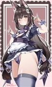 1girl absurdres alternate_costume animal_ears apron azur_lane bikini bikini_under_clothes black_bikini black_dress blush bow bowtie breasts brown_hair commentary dress fox_ears fox_shadow_puppet grey_thighhighs hair_ornament hairclip highres japanese_clothes looking_at_viewer maid nagato_(azur_lane) obi one_eye_closed open_clothes purple_bow purple_bowtie sash shorts small_breasts solo swimsuit thighhighs twintails umyonge_(lkakeu) wa_maid waist_apron wrist_cuffs yellow_eyes rating:s score:34 post #10134820
