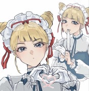 1girl adjusting_clothes adjusting_gloves blonde_hair blue_eyes closed_mouth commentary_request cone_hair_bun double_bun glove_in_mouth gloves hair_bun hands_up heart heart_hands heart_in_heart_hands highres jasmine_(toshi_densetsu_kaitai_center) looking_at_viewer maid maid_headdress mouth_hold multiple_views official_alternate_costume putting_on_gloves red_ribbon ribbon runa_(artemis_46) short_hair simple_background toshi_densetsu_kaitai_center unworn_gloves upper_body white_background white_gloves rating:g score:1 post #10174977