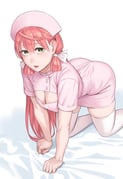 1girl akashi_(kancolle) all_fours alternate_costume blunt_tresses breasts cleavage cleavage_cutout clothing_cutout commentary_request dress green_eyes hair_ribbon hat highres kantai_collection long_hair medium_breasts nurse nurse_cap pink_dress pink_hair pink_hat ribbon solo thighhighs tress_ribbon white_background white_thighhighs yuuji_(and) rating:s score:11 post #10138007