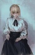 1girl ahoge artoria_pendragon_(fate) blonde_hair collared_shirt fate/stay_night fate_(series) green_eyes highres inai_the_maid looking_at_viewer shirt sitting sketch skirt solo rating:g score:9 post #10175335