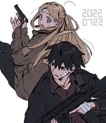 2boys ainsley_(adey) akm assault_rifle bandage_on_face bandages bandaid bandaid_on_hand beretta_92 black_eyes black_jacket black_pants blonde_hair blue_eyes brown_shirt cropped_torso gun handgun holding holding_gun holding_weapon jacket kalashnikov_rifle long_hair looking_at_another male_focus multiple_boys open_mouth original pants ray_(adey) revision rifle shirt short_hair sweatdrop ten_(lu2948d) trap weapon white_background wispy_bangs rating:g score:5 post #10093942