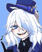1girl :d ahoge aleleflen black_gloves blue_background blue_bow blue_eyes blue_hat bow brooch commentary english_commentary furina_(genshin_impact) genshin_impact gloves hair_over_one_eye hat hat_bow highres index_finger_raised jewelry looking_at_viewer medium_hair musical_note open_mouth portrait smile solo top_hat white_hair rating:g score:6 post #10174821
