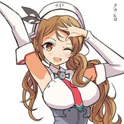 1girl arm_up armpits blush breasts brown_eyes brown_hair commentary_request corset detached_sleeves hat headdress high_side_ponytail kantai_collection large_breasts littorio_(kancolle) long_hair looking_at_viewer medium_breasts necktie one_eye_closed open_mouth peaked_cap ponytail smile solo takahiro_(rikky) upper_body wavy_hair white_background rating:g score:9 post #9937321