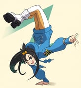 1girl black_hair blue_hoodie breakdance cube_hair_ornament full_body grey_eyes hair_ornament handstand highres hood hood_down hoodie juno_son leggings lida_(pokemon) long_hair long_sleeves looking_at_viewer mega_ring one_arm_handstand one_eye_closed open_mouth orange_leggings pokemon pokemon_legends:_z-a ribbed_socks shoes smile socks solo teeth topknot two-tone_legwear upper_body upper_teeth_only w white_leggings white_socks wispy_bangs rating:g score:16 post #10123447