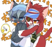 1boy 1girl @_@ blush body_fur cat_boy cat_busters cat_girl commentary_request eyepatch furry furry_female furry_male green_one-piece_swimsuit grey_fur hinozuki_(cat_busters) hug hug_from_behind maxwell_(cat_busters) one-piece_swimsuit open_mouth ragu_(apricolor) red_fur speech_bubble spoken_object swimsuit topless_male translation_request visor_cap rating:s score:0 post #9345486