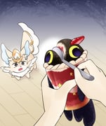 1other absurdres animal_focus blank_eyes candy_gore cat commentary creature cross-eyed cup cupsie_yummy death duel_monster food food-themed_creature highres holding holding_creature horrified ice_cream looking_at_another purrely sawan_cutman split_head traumatized yu-gi-oh! rating:g score:9 post #8977696