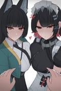 2girls anger_vein animal_ear_fluff animal_ears apron black_hair black_necktie black_skirt blush breast_press breasts colored_inner_hair ellen_joe ellen_joe_(on_campus) heart highres hoshimi_miyabi long_hair looking_at_viewer maid maid_headdress multicolored_hair multiple_girls namikare necktie pov pov_hands red_eyes red_hair shirt skirt symmetrical_docking white_apron white_background white_shirt zenless_zone_zero rating:s score:50 post #10161781