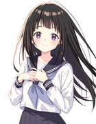 1girl absurdres black_sailor_collar black_skirt blue_neckerchief blunt_bangs blush bright_pupils chitanda_eru closed_mouth cowboy_shot floating_hair hands_up highres hyouka long_hair long_sleeves looking_at_viewer neckerchief own_hands_together pleated_skirt purple_eyes sailor_collar school_uniform serafuku setteiset shirt sidelocks simple_background skirt smile solo split_mouth straight_hair tareme very_long_hair white_background white_pupils white_shirt rating:g score:3 post #10175052