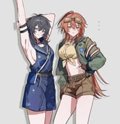 18trip 2girls ahoge armband armpits arms_up belt black_hair blue_dress blue_jumpsuit breasts brown_shorts closed_mouth cowboy_shot crop_top dress fingerless_gloves gawei567 genderswap genderswap_(mtf) gloves goggles goggles_on_head green_jacket grey_background grey_eyes hair_between_eyes hand_on_own_hip heterochromia highres jacket jumpsuit long_hair long_sleeves looking_at_viewer medium_breasts messy_hair midriff mole mole_under_eye multiple_arm_straps multiple_girls multiple_moles murakumo_ten navel nishizono_renga open_clothes open_jacket orange_hair red_eyes red_hair sailor_collar shirt short_shorts shorts sideboob simple_background sleeveless smile tied_shirt very_long_hair rating:s score:1 post #10175594