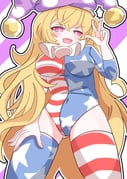 1girl american_flag american_flag_dress blonde_hair blue_thighhighs blush_stickers breasts clownpiece covered_navel cowboy_shot diagonal-striped_background fang hair_between_eyes hat highres jester_cap kurakurasiteru long_hair looking_at_viewer medium_breasts neck_ruff open_mouth pink_eyes pink_hat polka_dot_hat red_thighhighs star_(symbol) star_print striped_background striped_clothes striped_thighhighs thighhighs thighs three-quarter_sleeves touhou very_long_hair w rating:s score:8 post #10173669
