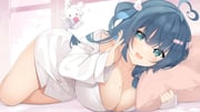 1girl absurdres ahoge amano_nene_(vtuber) bandaid bandaid_hair_ornament blue_eyes blue_hair breasts buttons cleavage hair_ornament heart heart_ahoge highres holding holding_syringe indie_virtual_youtuber long_hair lying mole mole_on_breast mole_under_eye naked_shirt on_side open_mouth pillow sasakura second-party_source shirt sleeves_past_wrists syringe virtual_youtuber white_shirt wing_hair_ornament rating:s score:27 post #10008820