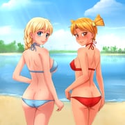 2girls ass bare_shoulders beach bikini blonde_hair blue_bikini blue_eyes blue_sky blush braid breasts butt_crack cloud commentary covered_nipples cowboy_shot cyrillic_commentary day dimples_of_venus dvach-tan everlasting_summer from_behind german_commentary hair_ornament hairclip hand_on_own_ass highres huyase lake large_breasts light_rays long_hair looking_at_viewer looking_back lowleg lowleg_bikini medium_breasts mixed-language_commentary multiple_girls orange_eyes orange_hair outdoors power_lines red_bikini russian_commentary short_hair shoulder_blades single_braid sky slavya-chan smile sunbeam sunlight swimsuit twintails water rating:s score:31 post #2863105